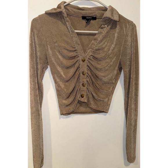 Forever 21 Long Sleeved Button Down Ruffled Gold Sparkle Crop Top - Picture 9 of 16